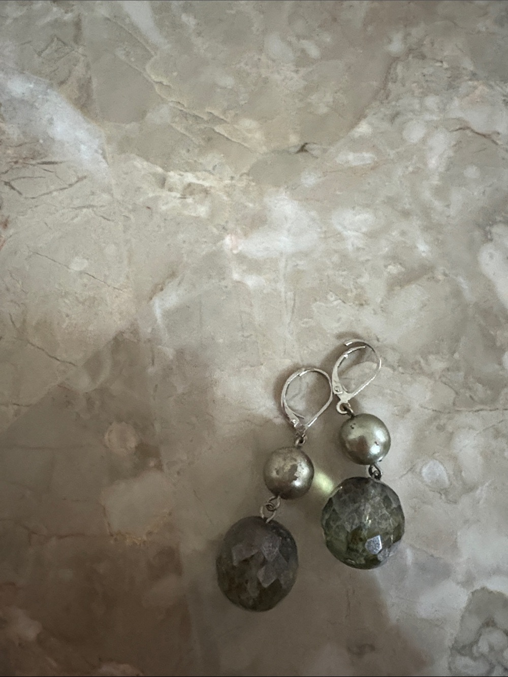 Vintage Silver-Tone Earrings with Olive Green Beads